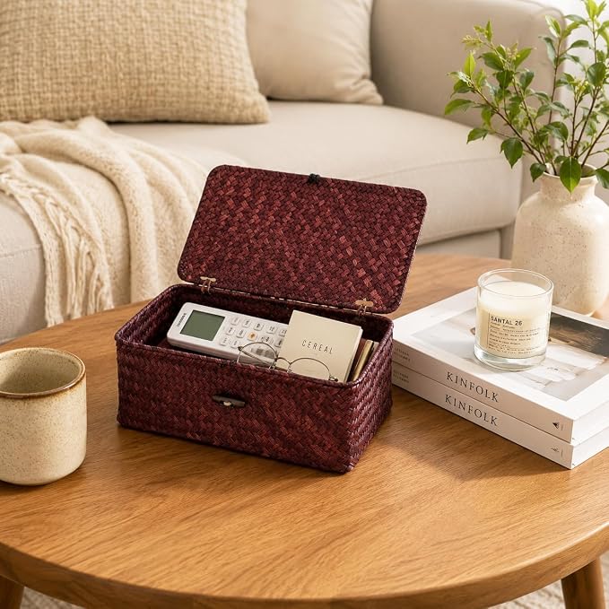 Seagrass Wicker Storage Basket with Lid, Small, Red | 9.05 x 5.11 x 3.34 Inch Box, Shelf Organizer, Rectangular Woven Bin, Small Item Storage, Decorative Color