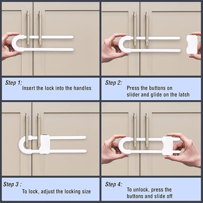 Sliding Cabinet Locks for Babies, Baby Proofing Adjustable U-Shaped Baby Safety Latches for Handles Knobs Drawers, Fridge, Closet, Cupboard, Closet with Secure Lock Buttons,10Pack (White)