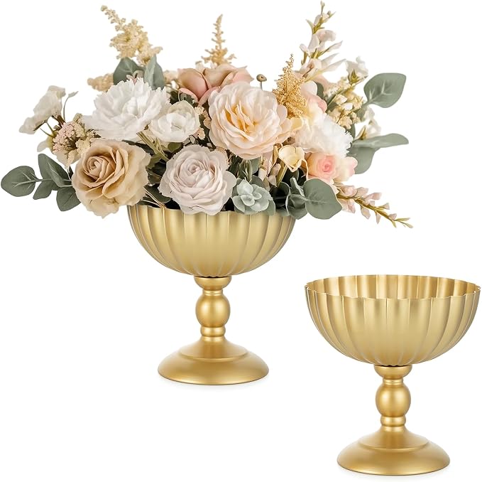 Sziqiqi Gold Urn Vase for Wedding, Tall Vases Centrepieces for Table, 2Pcs | 7.9in Compote Vase, Metal Flower Holder Vases for Floral Arrangement, Pedestal Footed Bowl for Birthday, Party, Anniversary