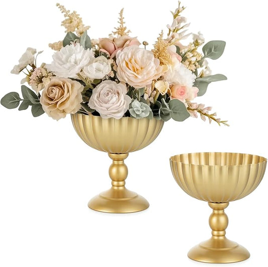 Sziqiqi Gold Urn Vase for Wedding, Tall Vases Centrepieces for Table, 2Pcs | 7.9in Compote Vase, Metal Flower Holder Vases for Floral Arrangement, Pedestal Footed Bowl for Birthday, Party, Anniversary