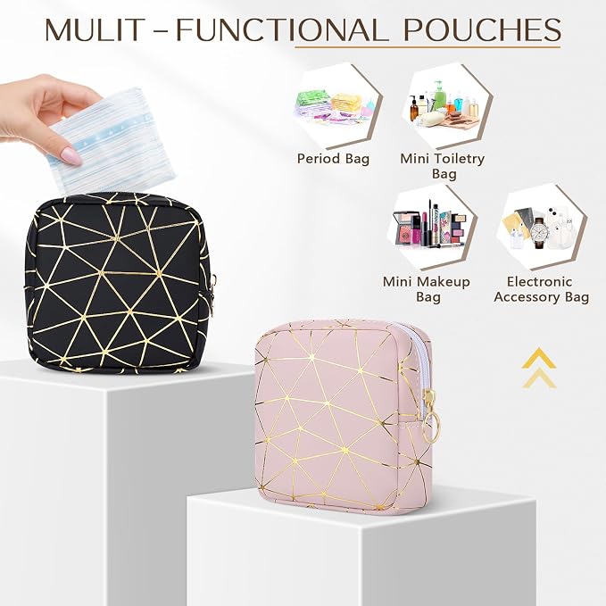 Likesing Sanitary Napkin Storage Bag, Leather Portable Period Bag for Girls Women, Sanitary Napkin Period Pad Pouch Tampon Holder for Purse (Black Gold, Small-5.1")