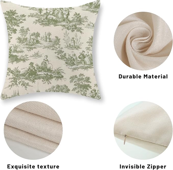 French Country Pillow Covers 18x18 Set of 2 Vintage Sage Green Throw Pillows French Country Outdoor Decorative Pillowcase Retro Rustic Linen Decor Farmhouse Cushion Case for Couch Bed Sofa