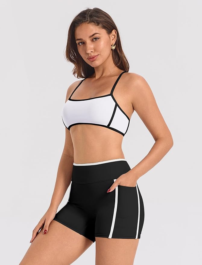 ABOCIW Workout Sets for Women 2 Piece Color Block Strappy Sports Bra High Waist Shorts Gym Yoga Pilates Outfits