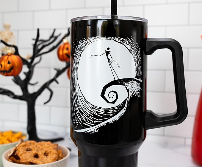 Silver Buffalo Disney Nightmare Before Christmas by Tim Burton Jack Skellington Hill & Moon Drawing Double Walled Stainless Steel Tumbler with Handle and Straw, Fits in Standard Cup Holder, 40 Ounces