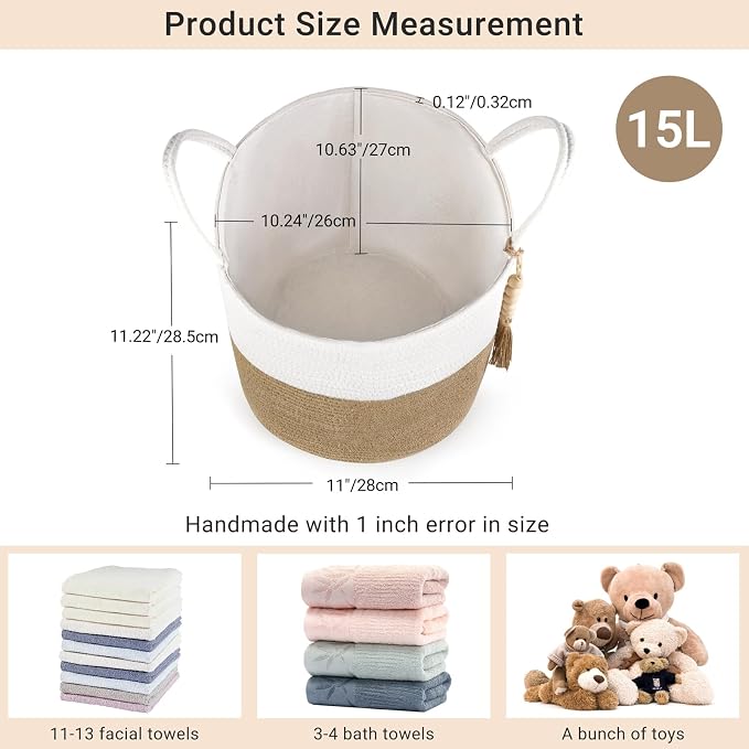 Mkono Woven Storage Basket for Blanket, Toys Plant Organizer, 11"W x 11"L | Cream White and Brown, Decorative Basket with Handle, Wood Beads Tassel, Shoes Towel Storage Bin, Living Room Bedroom Nursery