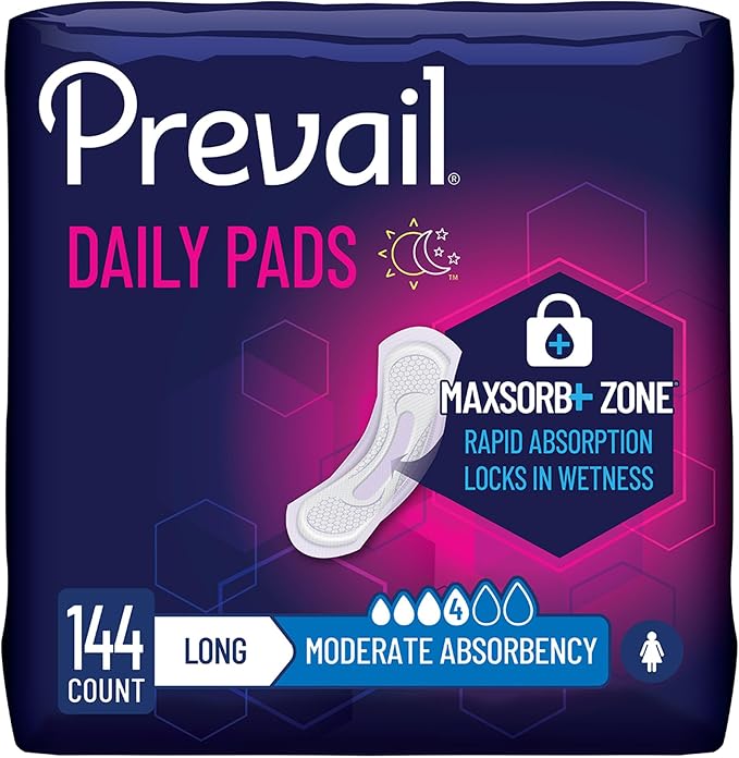 Prevail - Incontinence Bladder Control Pads for Women - Moderate Absorbency - Long Length - 144 Count (9 packs of 16) | Disposable, Incontinence, Long