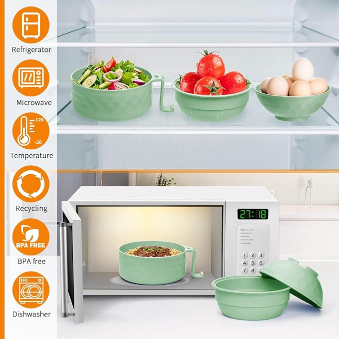 Ramen Cooker,32oz Ramen Bowl Set,Microwave Ramen Bowl, Microwave Bowl with Lid, Portable Noodle Bowls,for Home Office Dorm Room College gift (Green)