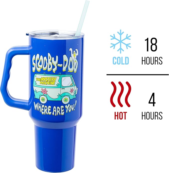 Silver Buffalo Scooby-Doo “Where Are You!” Double Walled Stainless Steel Tumbler with Handle Featuring The Mystery Machine, Fits in Standard Cup Holder, 40 Ounces