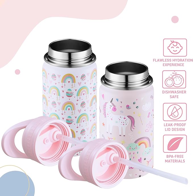 2 Pack Kids Water Bottle,14oz Stainless Steel Insulated Water Tumbler Leak-Proof,School Water Mug,Small and Portable,Suitable for Boys and Girls to Use(White rainbow + Pink unicorn)