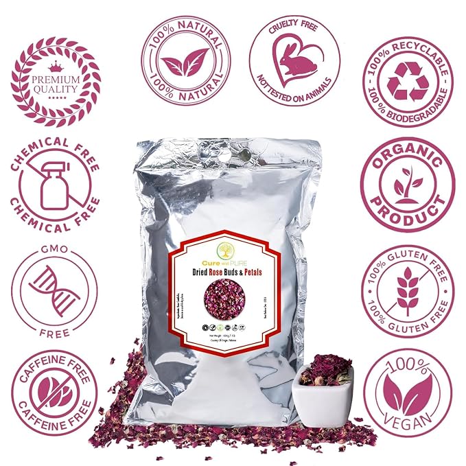 Cure With Pure Dried Rose Buds & Dried Rose Petals 1LB Edible Rosebuds & Dried Roses For Tea, Baking, Relaxing Bath, Rose Water, & Potpourri Handpicked, Preservative Free Edible Dry Rose Petals