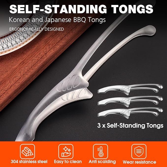 5 Pcs BBQ Tongs Stainless Steel Korean Japanese Grilling Tongs Set | Bbq tongs, self-standing design, dishwasher safe, ergonomic handle, for Korean BBQ, Japanese yakiniku, grilling, camping.