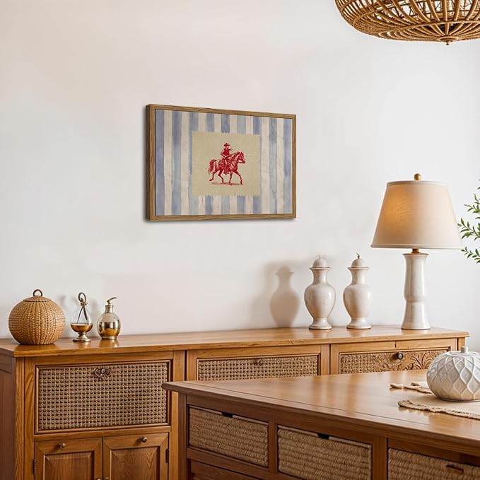 Vintage Western Wall Art, Mid Century Cowboy Rodeo Wall Decor, 16x24 in Framed, Striped Southwestern Poster Canvas Prints Country Horse Riding Artwork for Bedroom Living Room Farmhouse