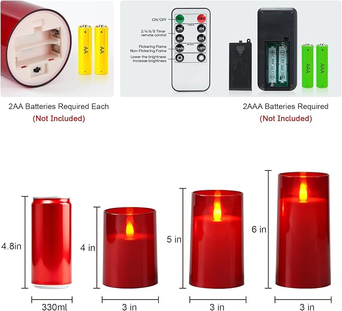 Raycare Independence Day Flameless Electronic Pillar Candles with Remote Timer- Battery Operated Realistic Flickering LED Fake Candle for 4th of July Patriotic Home Decor, Red,Set of 3(3"x4"5" 6")