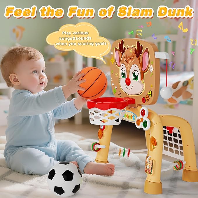 Toddler Basketball Hoop Tball Set & Soccer Goal Play Activity Center,Toys for 1 2 3 Year Old Boys Girls,Montessori Sports Toys with Sound Music Christmas Birthday Gifts for Baby Kids 12 Months+