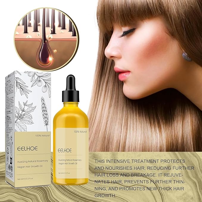 60 ML Veganic Natural Hair Growth Oil, Eelhoe Hair Growth Hair Organic Rosemary Oil, for Dry Damaged Hair and Growth Thin Hair. (1 Pcs), Yellow