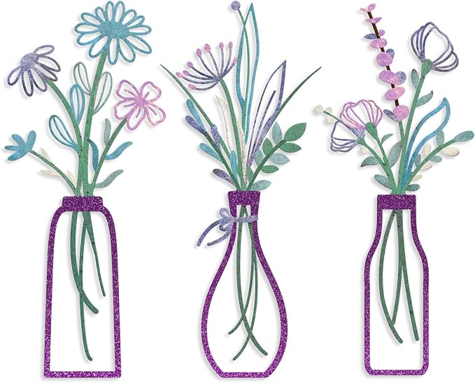 Pigort 3 Pieces Metal Flowers Wall Arts - Rustic Farmhouse Decor Purple Minimalist Flower Wall Decors for Living room Bathroom Bedroom Dining Room-Housewarming Gifts(Purple, Vase-C)