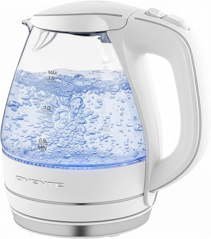 OVENTE Electric Kettle, 1.5L Borosilicate Glass Countertop Water Heater and Boiler for Coffee or Tea, BPA-Free, Auto Shut-Off, Boil-Dry Protection, Removable and Washable Spout Filter, White KG83W