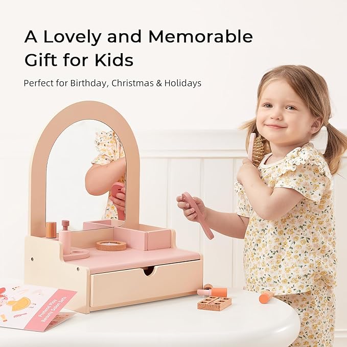 OOOK Wooden Vanity Makeup Table for Kids, Toddler Pretend Play Dressing Table with Mirror & Drawer, Vanity Toy with 10 Pcs Accessories, Gift for Little Girls Age 3+
