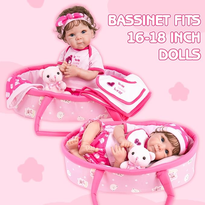 Aori 10 Pcs Reborn Baby Dolls Clothes Set with Pink Bassinet for 16-18 Inch Reborn Doll, Carrier Bed and Doll Clothes Outfit Accessories fit Newborn Baby Girl