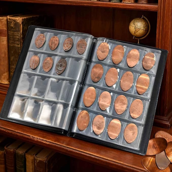 192-Pocket Penny Album, Compact Pressed Penny Collector Book, Durable Black Faux Leather Penny Holder for Travel Collection