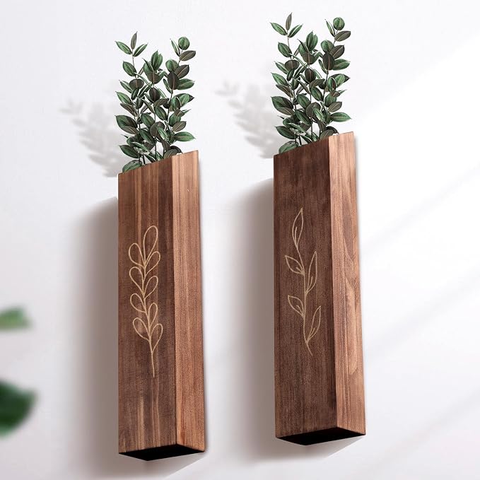 Wooden Wall Vase Planter Set of 4 | Brown Finish Farmhouse & Boho Wall Decor for Entryway, Hallway, Bathroom, Living Room, Dining Room