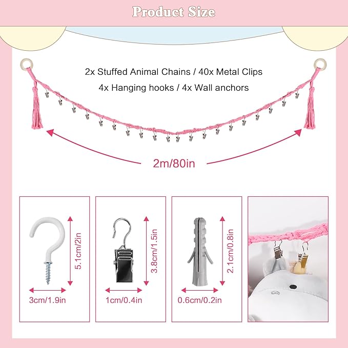 80" 2-Pack Cotton Hanging Storage Chain For Stuffed Animals Storage with 20 Metal Clips, Stuffed Animal Organizer Chain for Wall Corner Nursery Play Room, Pink
