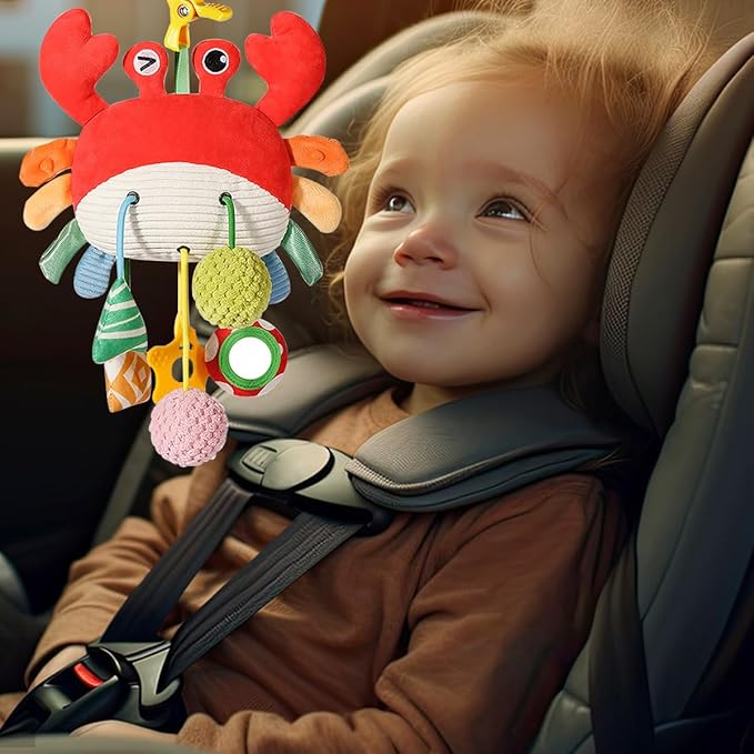 Baby Activity Hanging Toy, Soft Plush Crab Sensory Toys with Rattle ＆ Textures, Baby Stroller Toy, Toy for Car Seat and Crib, Early Educational Toys for Infant Boys and Girls