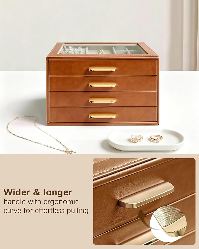 Homeanda Jewelry Boxes Organizer with Glass Lid, 4-Layer PU Leather, Brown | Modern style display case with 4 drawers for daily jewelry, women, mom or girl gift