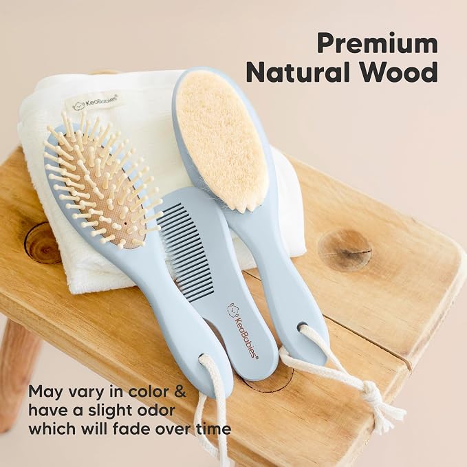 Wooden Baby Hair Brush Set for Newborns, Toddlers - Soft Goat Bristle Baby Brush and Comb Set Newborn Grooming Kit for Cradle Cap Care, Durable & Gentle, Boy, Girl Infant Essentials (Regular, Frost)