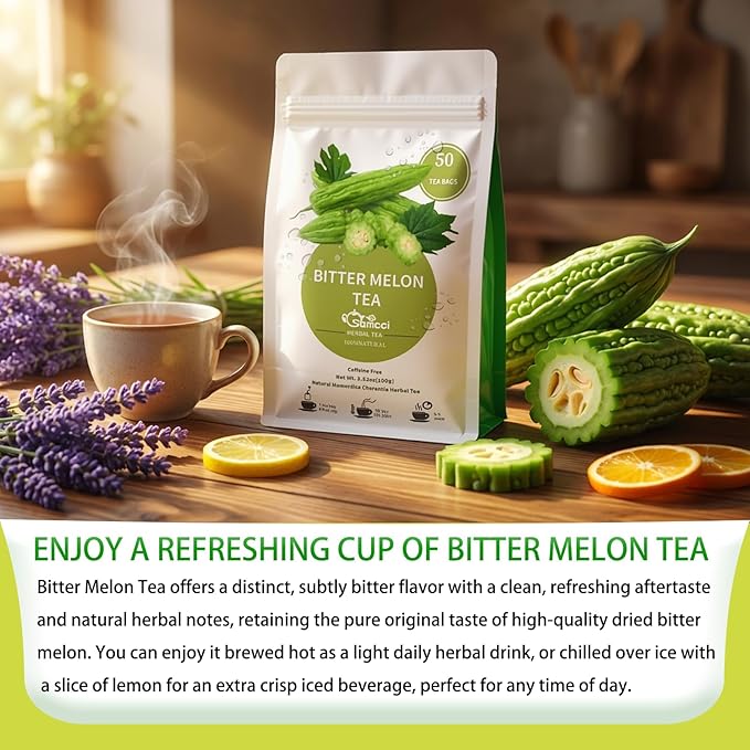 Samcci - Bitter Melon Tea Bags - 50 Count (2g Per Bag) - 100% Pure Natural Cut & Sifted Dried Momordica Charantia Slices - Non-GMO & Caffeine-Free - Plant-Based Corn Fiber Mesh Bags - Refreshing Herbal Tea