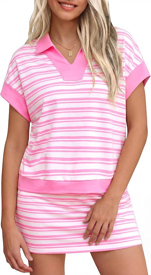 Womens Striped 2 Piece Outfits Skirt Set Summer Casual Short Sleeve Polo Skort Workout Set Matching Lounge Sets
