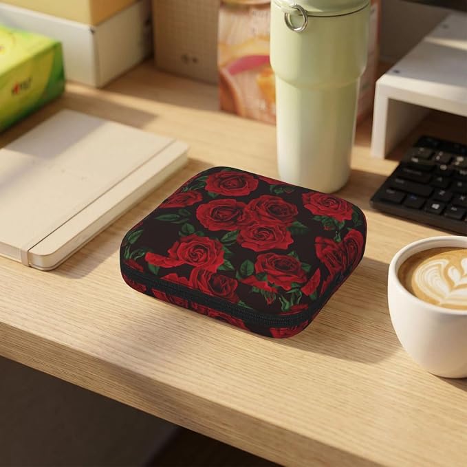 Red Rose Flower Floral Love Valentine Happy Valentines Day Period Bag For Women,Portable Sanitary Napkin Period Pad Pouch For Purse, Small Make Up Bags