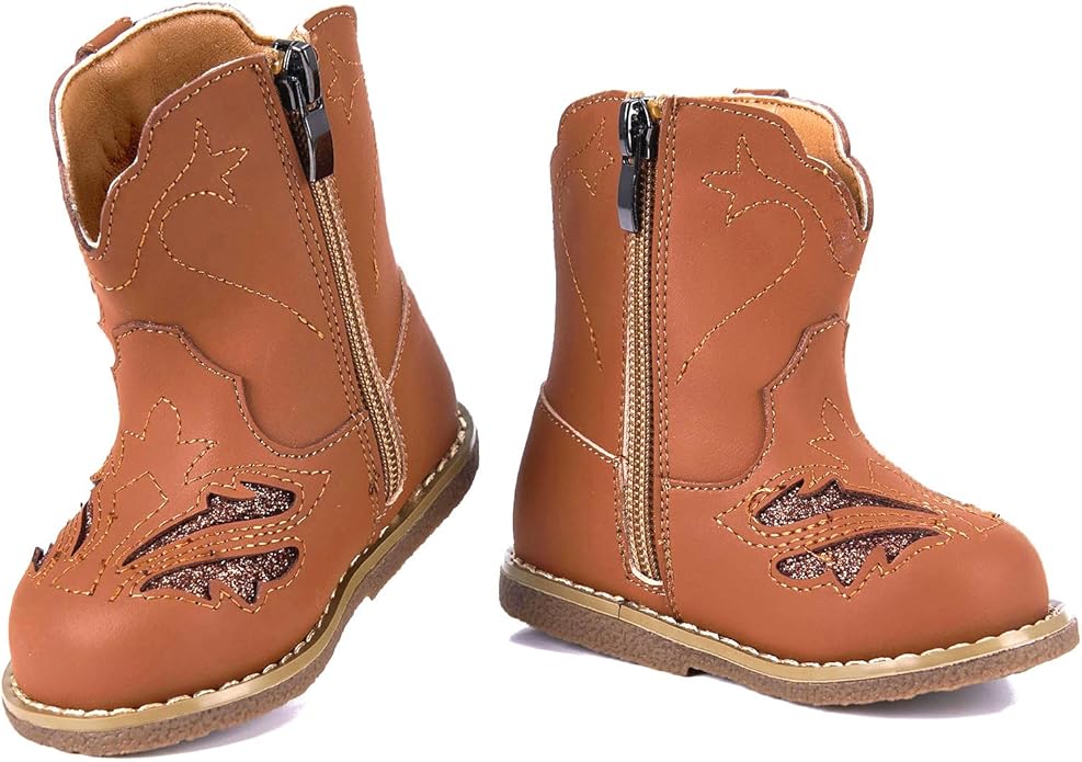 Newsonet Baby Cowboy Cowgirl Boots Infant Western Boots Toddler Boys Girls Round Toe Riding Mid Calf Boots All Seasons for 6 9 12 18 24 Months