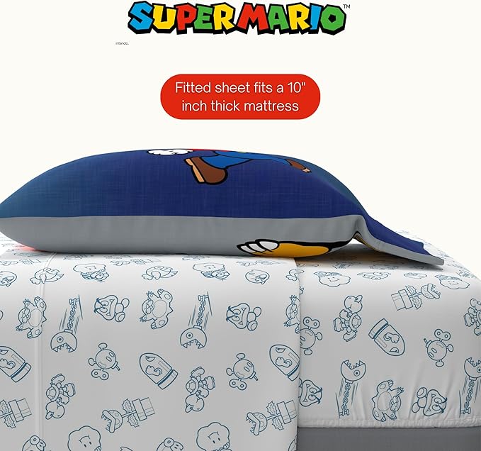 Nintendo Super Mario Bowser Bedding Set, Twin Size 5 Piece Set Kids Super Soft Cozy Reversible Comforter and Sheet Set with Sham, (100% Officially Licensed Product) by Franco