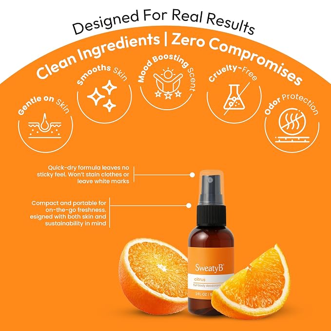 SweatyB® deodorant spray - Odor Protection with whole body deodorant for women & men - Travel Size, Skin-Safe, Vegan & Made in USA - Citrus body spray - 2 Oz - Pack of 2