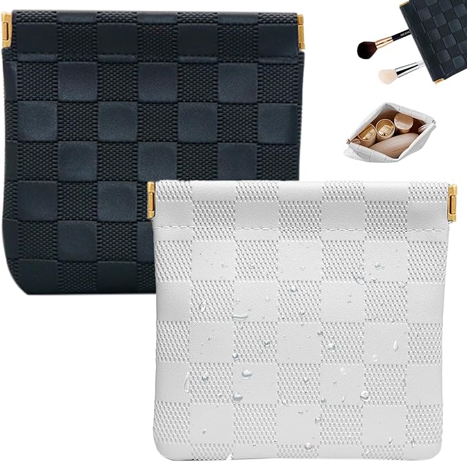 2 PCS Small Makeup Bag for Women, Small Pouches for Purse,Mini Checkered Cosmetic Bag Waterproof Pouch for Travel Storage bag, for Cosmetics Headphones Jewelry Cosmetic Lipstick Coins (Black, White)