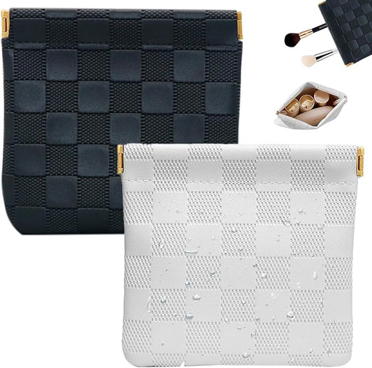 2 PCS Small Makeup Bag for Women, Small Pouches for Purse,Mini Checkered Cosmetic Bag Waterproof Pouch for Travel Storage bag, for Cosmetics Headphones Jewelry Cosmetic Lipstick Coins (Black, White)