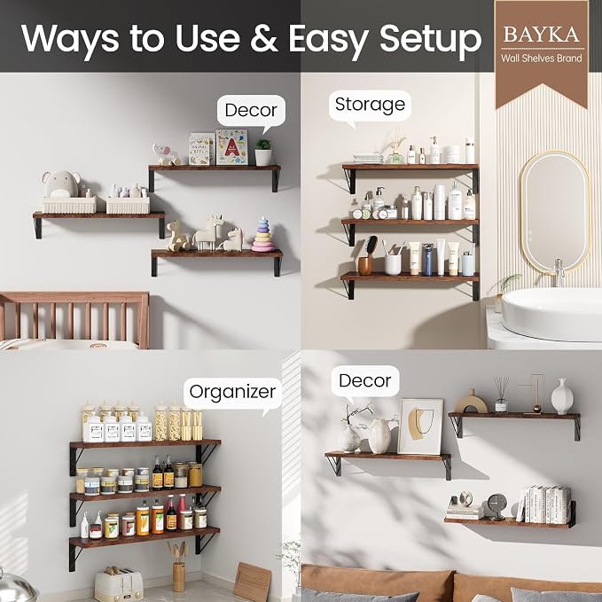 BAYKA 23-in Floating Wall Shelves, Rustic Wood Wall Shelves for Bedroom, Bathroom, Kitchen & Living Room, Display Shelf for Books, Plants & Decor (Rustic Brown)