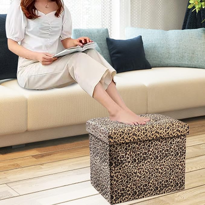 ALASDO Ottoman Storage Ottoman Footrest Stool Foldable Foot Rest Footstool Bench for Living Room 17x13x13inches Leopard Print