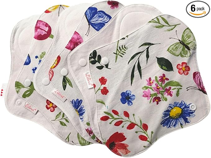 Lilind® 6 Pack Organic Cloth Pads, Regular 9 inch 100% Cotton Reusable Menstrual Sanitary Napkins, Complete Set, Zero Waste