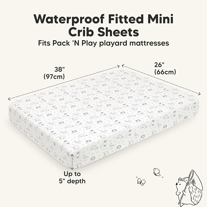 2-Pack Waterproof Pack and Play Sheets, Mini Crib Sheets Fitted for Boy, Girl - 38 x 26 Viscose from Bamboo Pack N Play Mattress Sheets for Graco, Toddler Playard Baby Crib Sheets Neutral (KeaSafari)