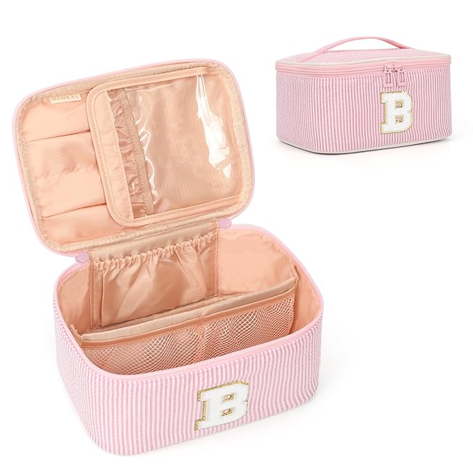 OCHEAL Makeup Bag Valentines Day Gifts for Women, Monogram Cosmetic Bag Pink Travel Makeup Case Beauty Toiletry Bag Organizer Personalized Gifts for Girls Bridesmaid, Sister, Wife, Friends Initial B