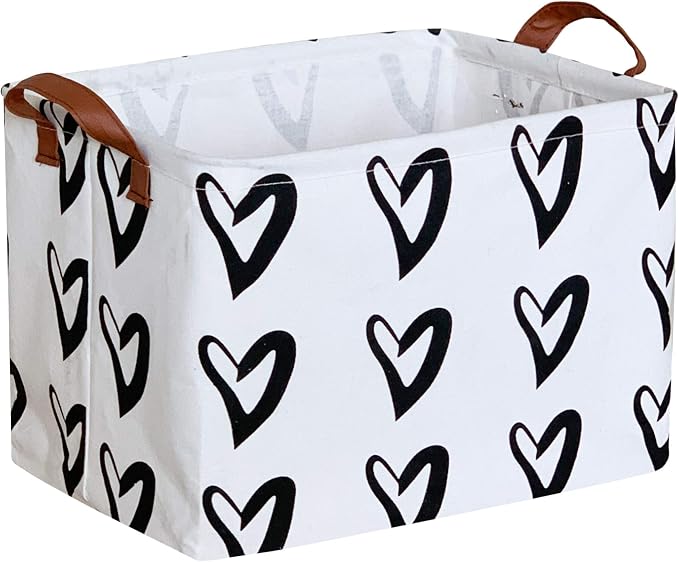 CLOCOR Heart Rectangular Storage Bin, Collapsible Waterproof Books Box with Handles, Gift Baskets (Black Hearts)
