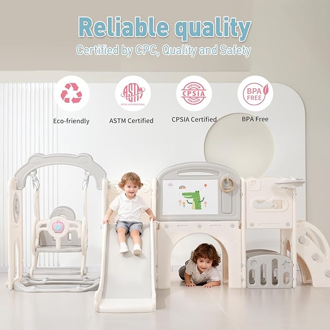 Outdoor Toddler Playset Swing Set with Slide, Indoor Playground for Toddlers 1-3, Kids Slide for Toddlers, Climber Play Set with Basketball Hoop and Ball,Tunnel Playhouse and Storage Space