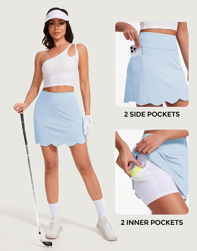 Skorts for Woman with Pockets 16" Golf Athletic Skirts Scalloped Hem Tennis Skirt Dressy Casual