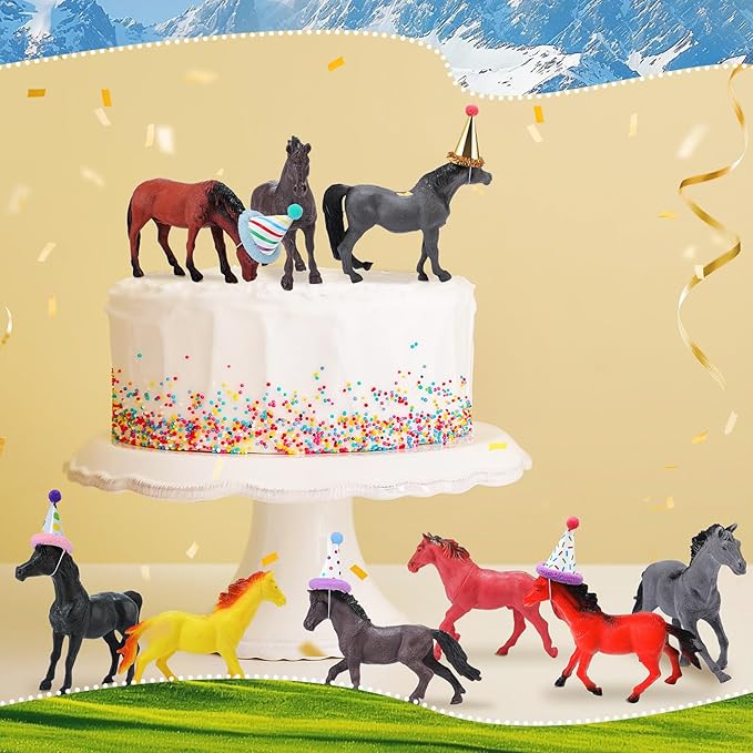 18 Pcs Horse Birthday Party Decorations Mini Birthday Hat Animal Figure Model Cake Toppers with Mini Hat for Birthday Party, Animals Themed Party
