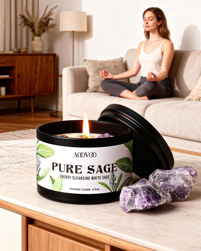 AOOVOO 4 Pack Sage Candles - 2 Sage & 2 Palo Santo Candle Set with Crystals & Decor, 26oz 200 Hours Long Lasting, Non Toxic Candles for Spiritual House Energy Cleansing