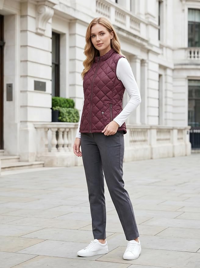 Fuinloth Women's Quilted Vest Lightweight Puffer Stand Collar Zip Gilet | 4 pockets with 2 inner storage. Quilted padded warm gilet. Fall winter outerwear layering vest for travel hiking daily wear.