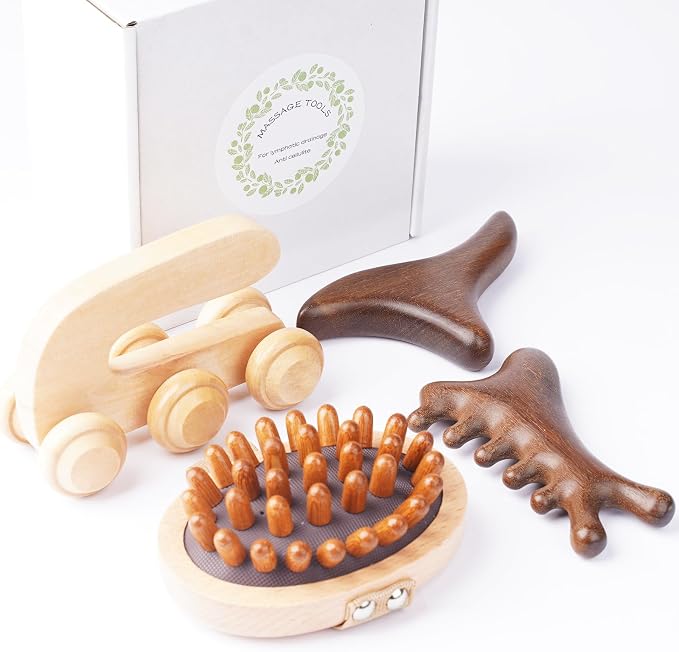 EULOGIST 4Pcs Wood Therapy Massage Tools Lymphatic Drainage Massager Wooden Massager Body Sculpting Tools for Body gua sha,Anti-Cellulite,Pain Relief
