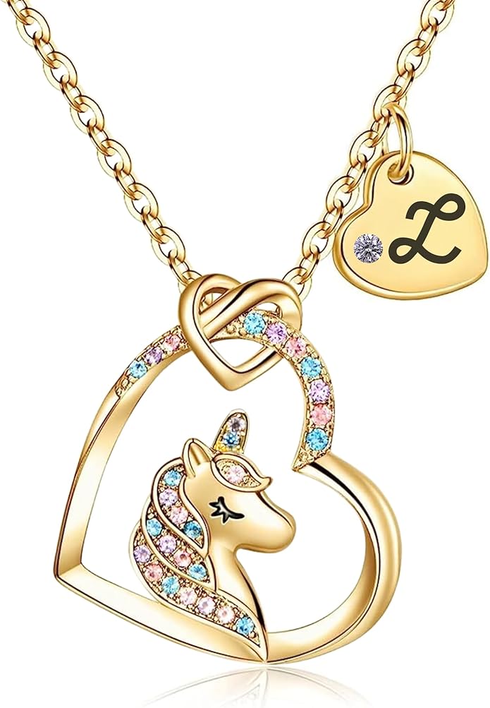 Valentines Day Gifts for Kids Girls - Unicorn Necklace for Girls with Initial Heart Pendant & Gift Box, 18K Gold Fashion Kids Jewelry, Colorful Heart Necklace for Birthdays & Costume Parties.